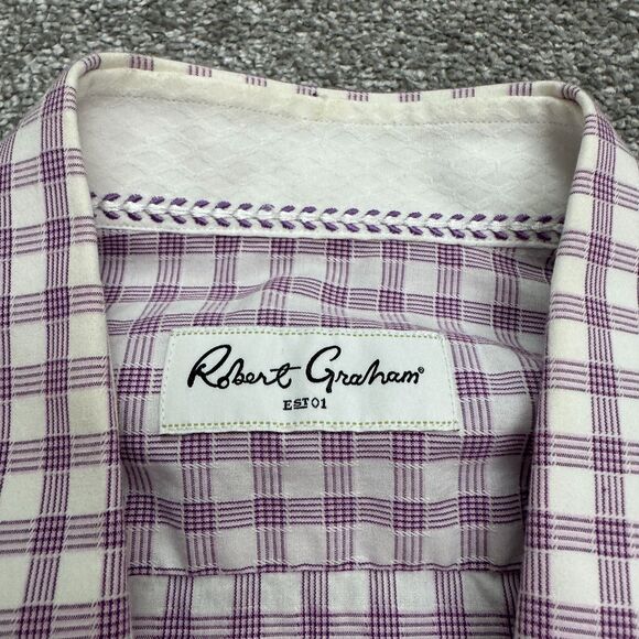 Robert Graham Button Down Shirt Men 16 Large Purple White Check Cotton Flip Cuff - Picture 10 of 16